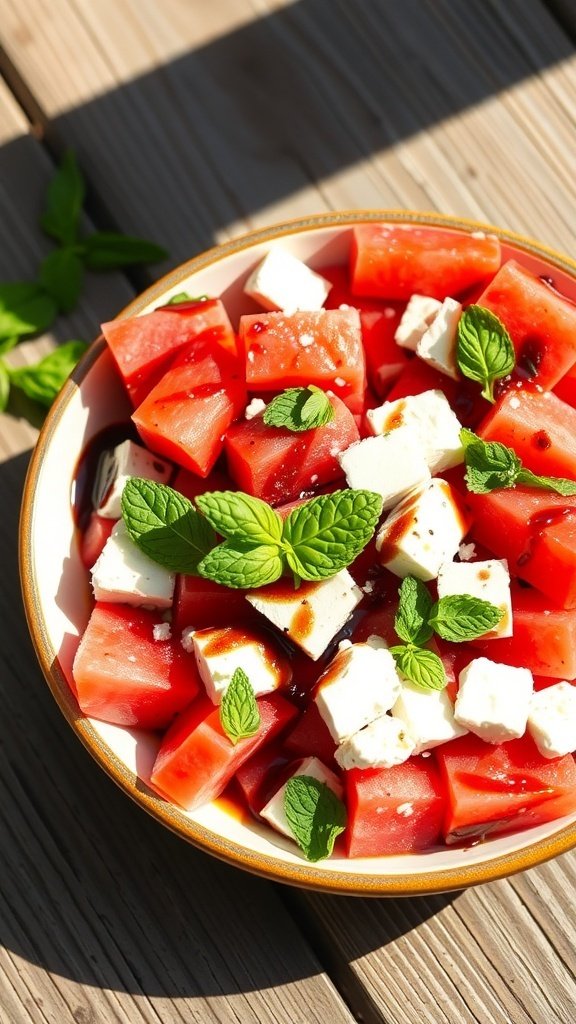 A bowl of watermelon feta salad with mint leaves and balsamic glaze