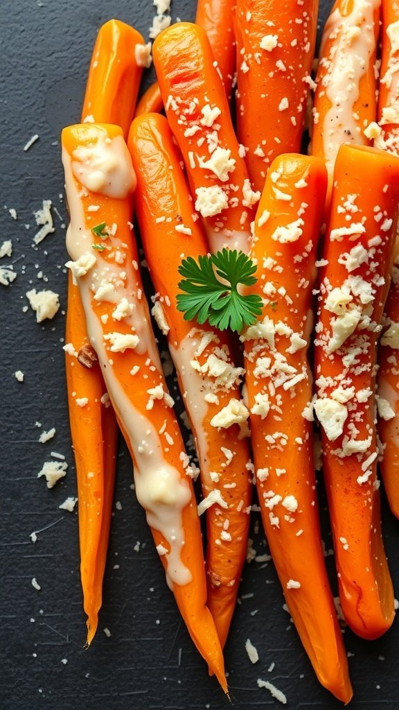 Steamed carrots topped with garlic sauce and Parmesan cheese