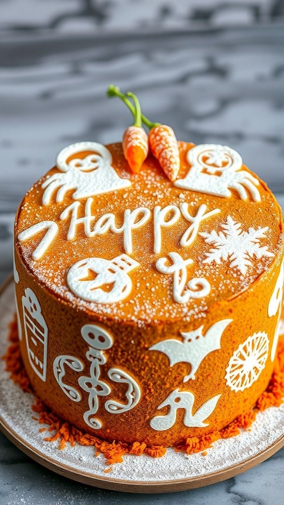 A decorated carrot cake with themed stencils featuring playful designs like bats and snowflakes.