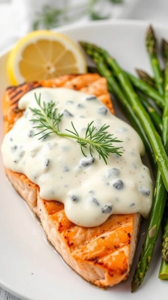 Grilled salmon fillet with dill sauce and asparagus on a plate.