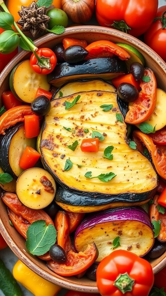 A colorful ratatouille-style squash casserole with layers of zucchini, eggplant, bell peppers, and tomatoes.