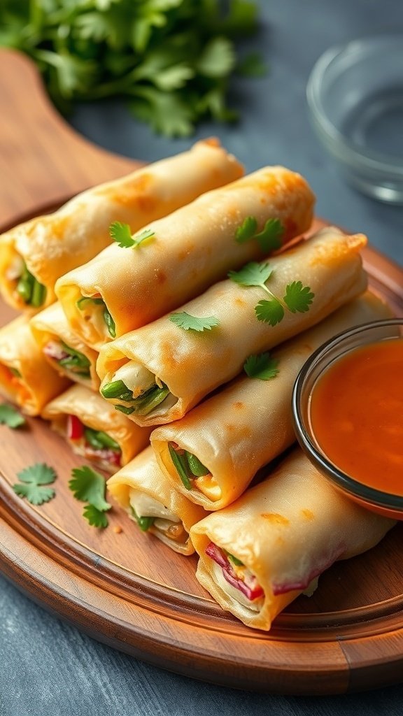 A plate of crispy veggie spring rolls with a bowl of dipping sauce.