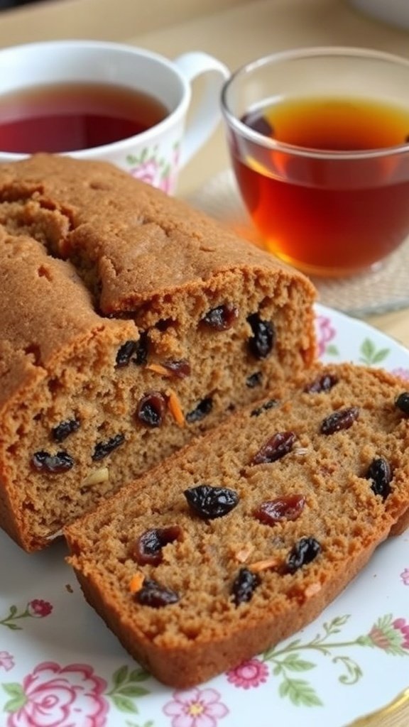 A loaf of carrot raisin bread sliced on a floral plate, with cups of tea in the background.