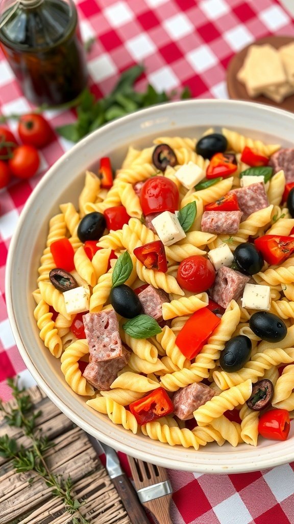 A colorful bowl of classic Italian pasta salad with salami, peppers, and olives on a picnic table.