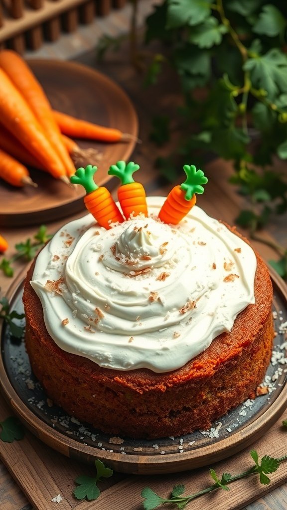 A vegan carrot cake topped with frosting and decorative carrots, surrounded by fresh carrots.