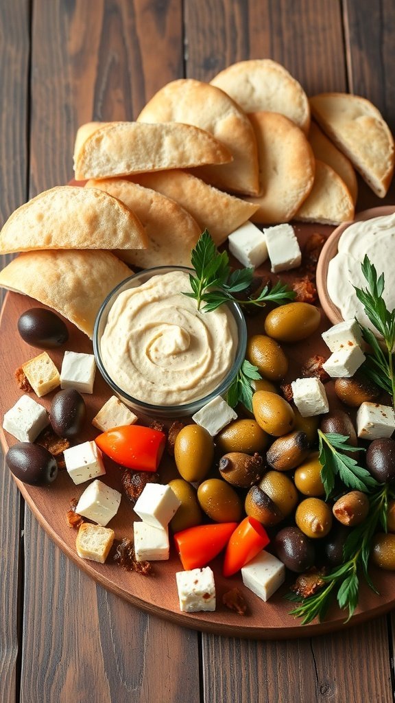 A Mediterranean charcuterie board featuring hummus, olives, feta cheese, cherry tomatoes, and pita bread.