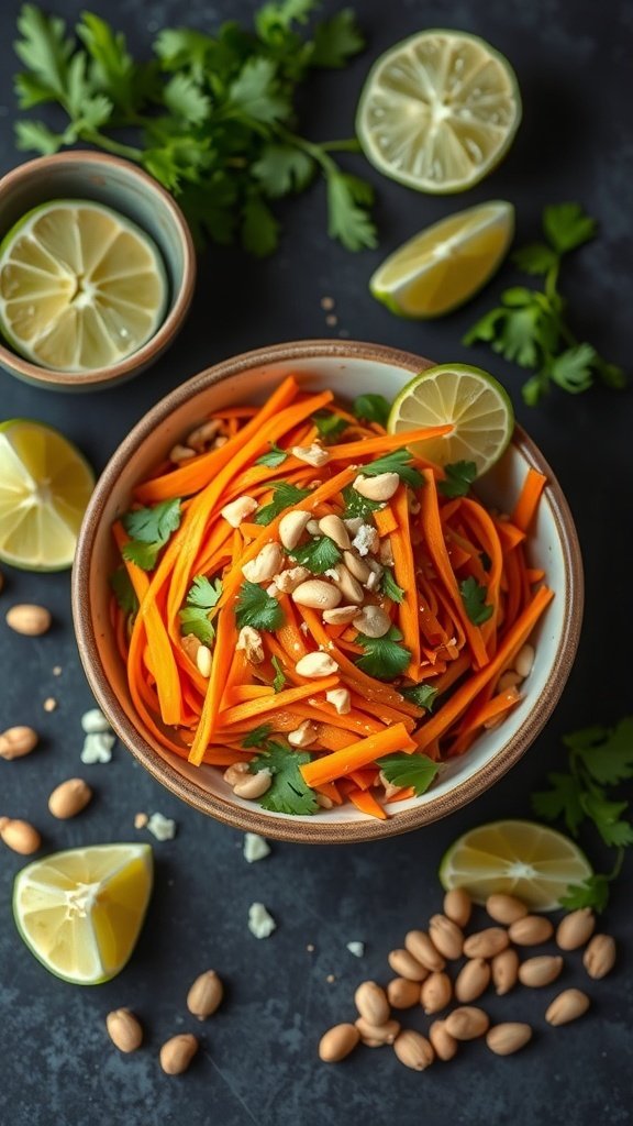 A vibrant bowl of spicy Thai carrot salad with peanuts and lime, garnished with fresh cilantro and lime wedges.