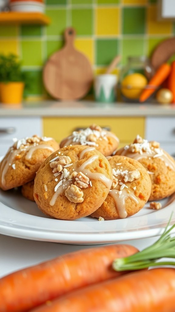 Vegan carrot cake cookies on a plate with carrots in the foreground and a colorful kitchen background.