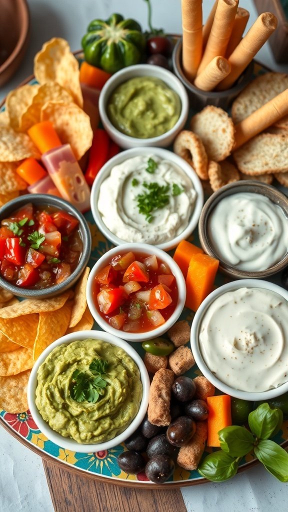 A colorful charcuterie board featuring various dips, chips, and fresh vegetables.