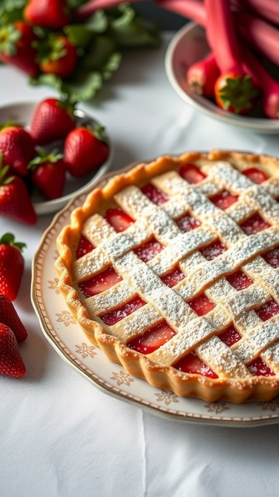 A beautifully arranged strawberry rhubarb tart with a lattice crust, surrounded by fresh strawberries and rhubarb stalks.