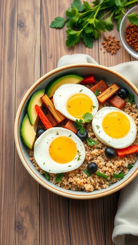 A colorful quinoa breakfast bowl with eggs, avocado, bell peppers, and olives.