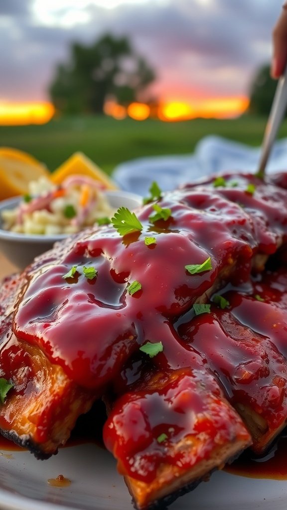 Delicious BBQ ribs with a sweet glaze, garnished with cilantro, served with coleslaw and lemon slices.