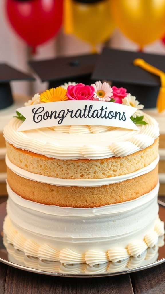 A classic vanilla graduation layer cake decorated with flowers and a congratulations banner, set against a backdrop of graduation caps and balloons.