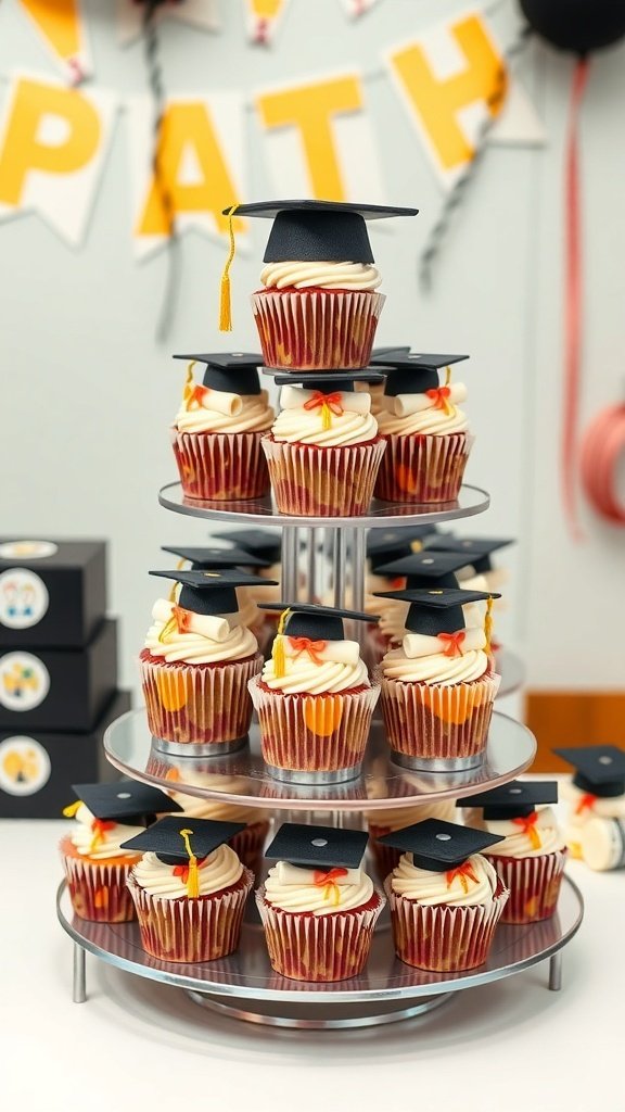 A tiered cupcake tower decorated with graduation-themed cupcakes, featuring small black caps and colorful frosting.