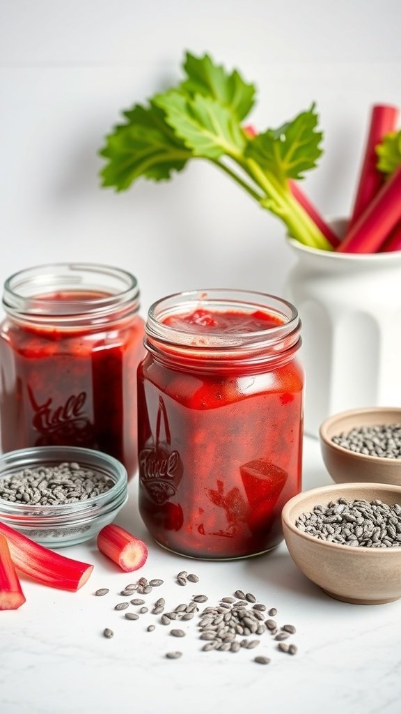Jars of rhubarb jam with chia seeds, fresh rhubarb stalks, and chia seeds on a table.