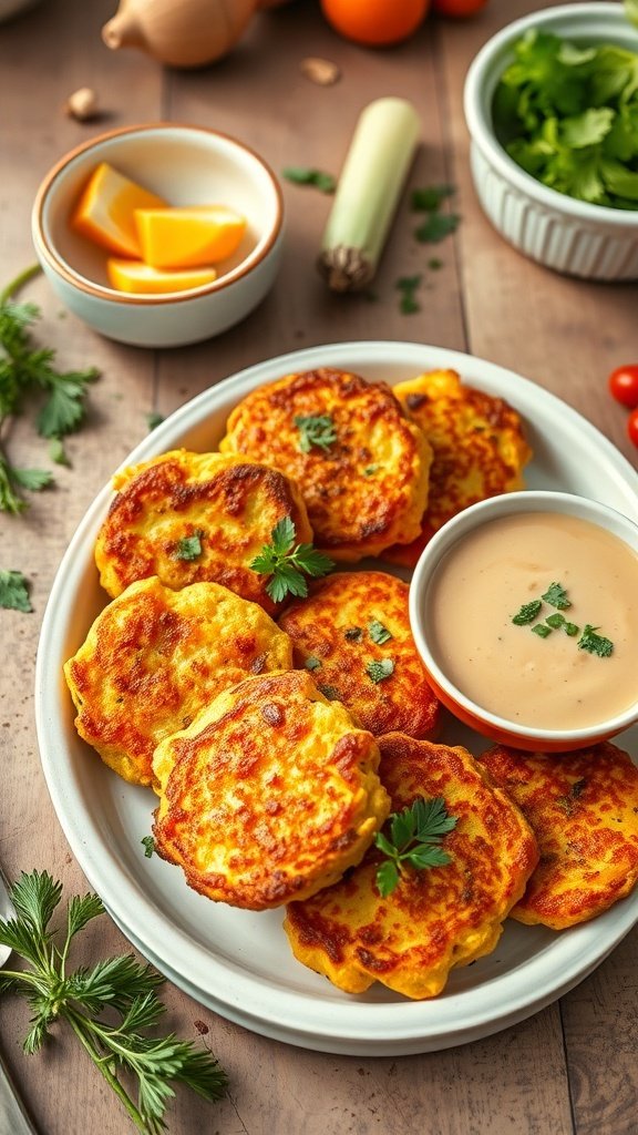 A plate of golden-brown summer squash fritters served with a creamy dipping sauce and garnished with fresh herbs.