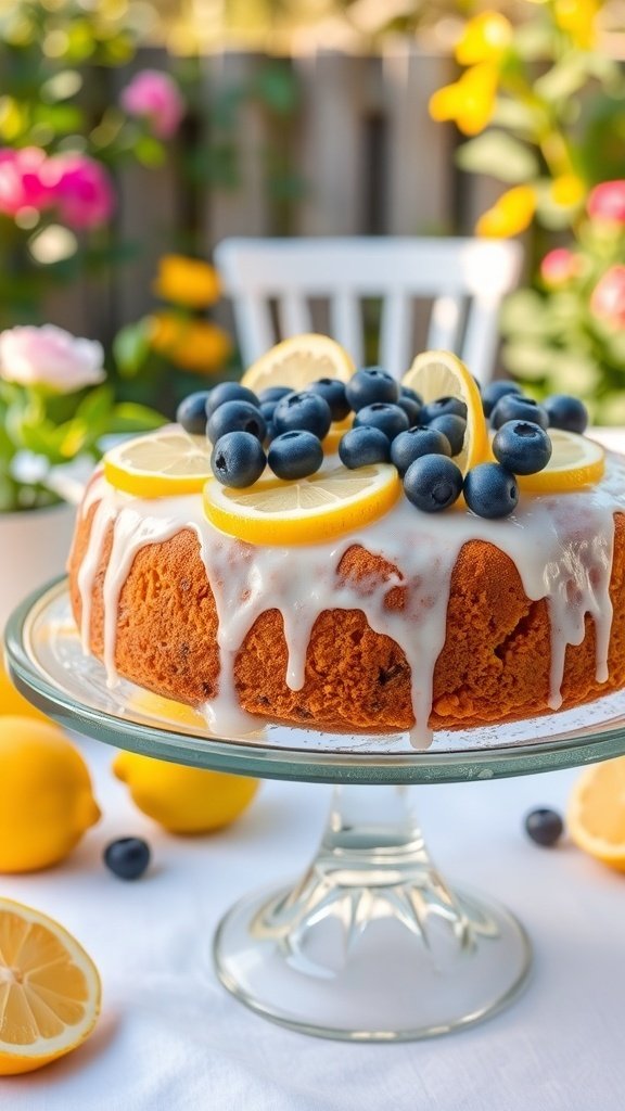 A zesty lemon cake topped with blueberries and lemon slices, displayed on a glass cake stand.