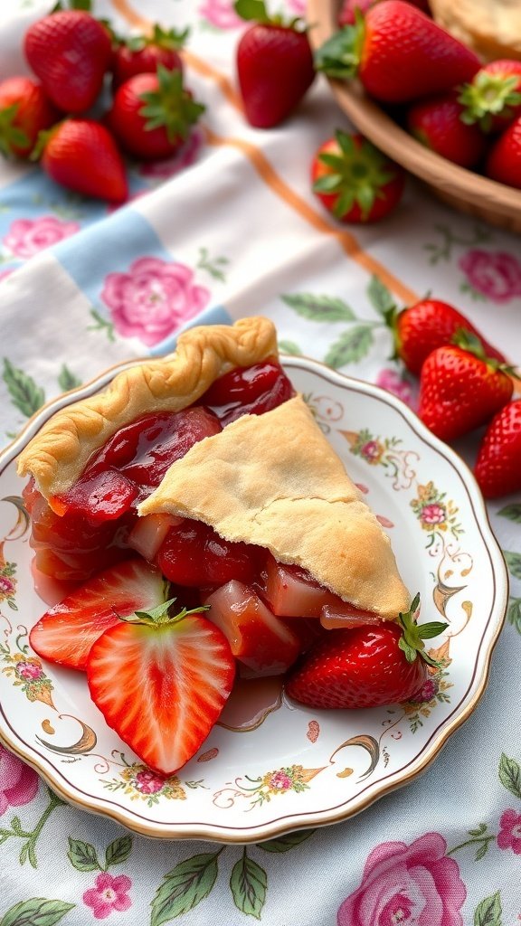 A slice of rhubarb and strawberry pie on a floral plate with fresh strawberries around it.