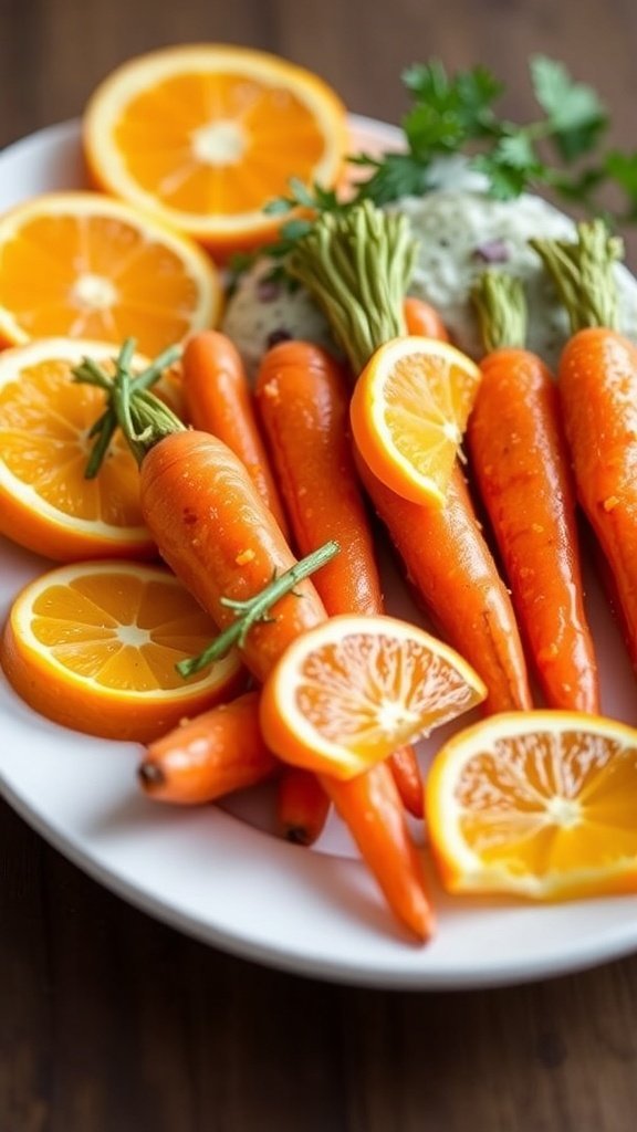 A plate of fresh carrots and orange slices, showcasing zesty orange-glazed carrots.
