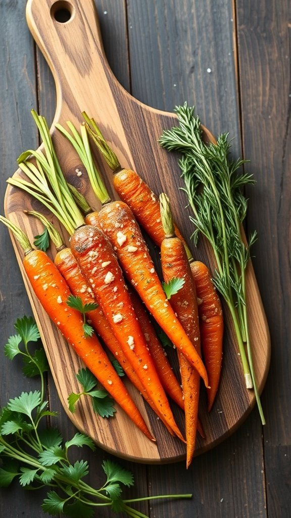 Fresh carrots on a wooden cutting board with herbs