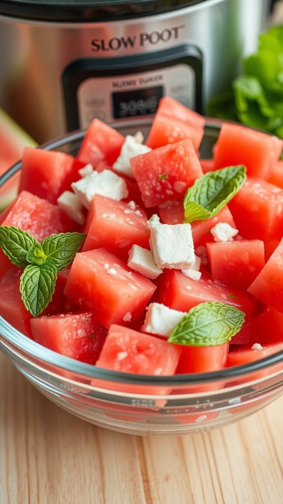 A bowl of watermelon salad with feta cheese and mint leaves, next to a slow cooker.