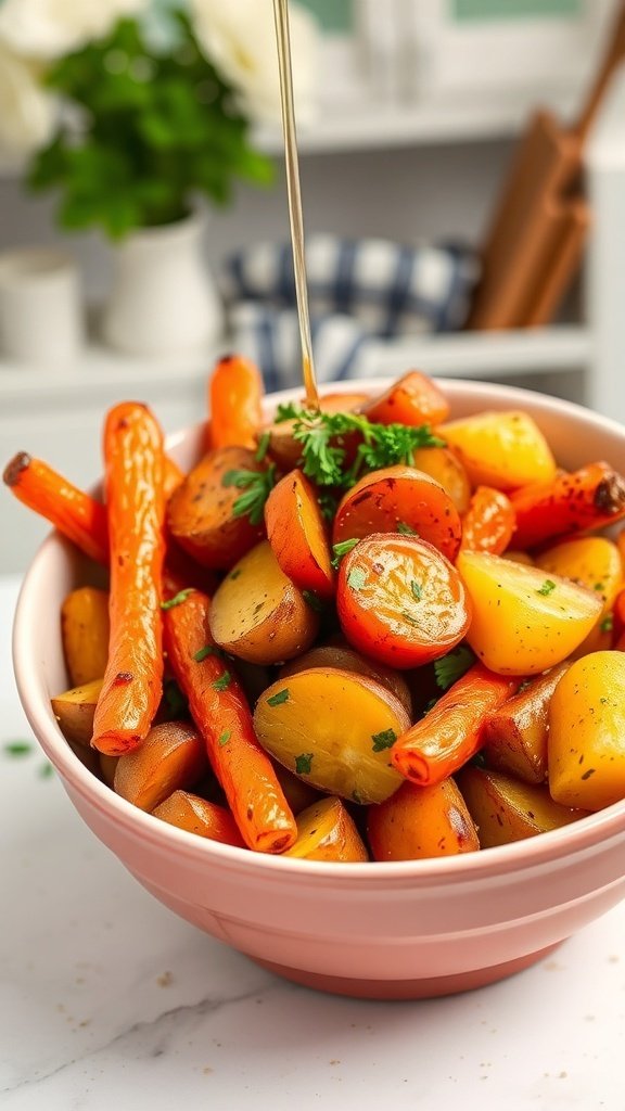 A bowl of honey-dijon roasted carrots and potatoes garnished with parsley.