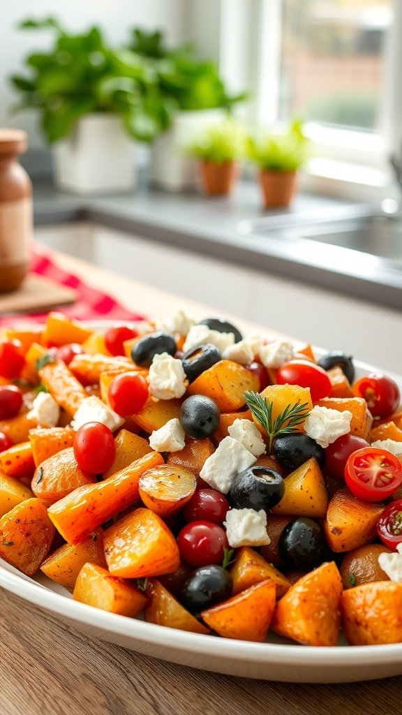 A colorful platter of roasted carrots, potatoes, cherry tomatoes, and olives topped with feta cheese.