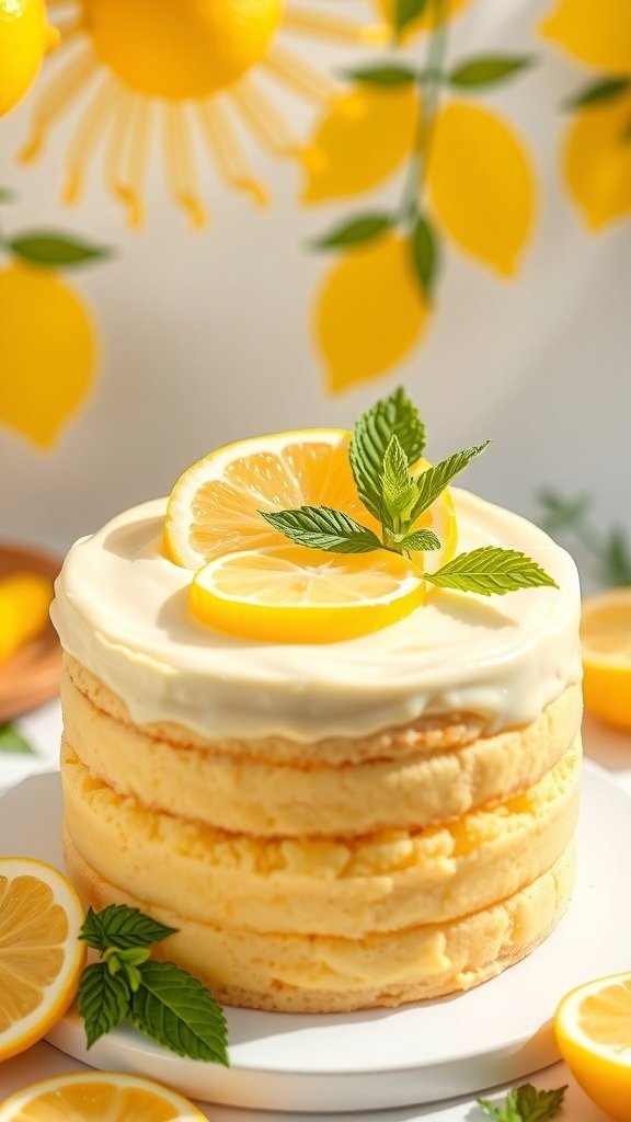 A three-layer lemon zest cookie cake decorated with lemon slices and mint leaves, set against a bright lemon-themed backdrop.