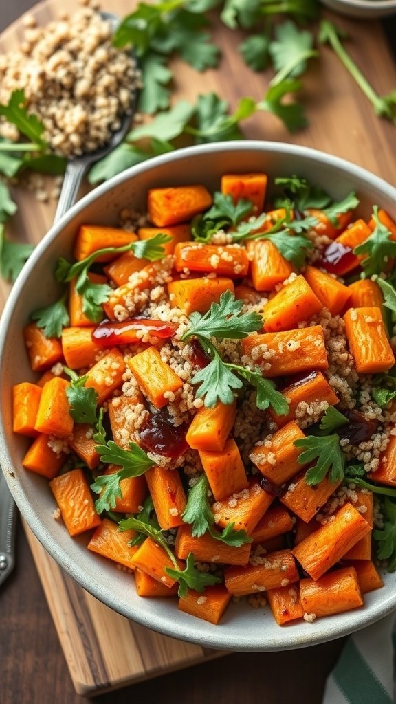 A bowl of roasted carrot salad with quinoa and greens, garnished with herbs.