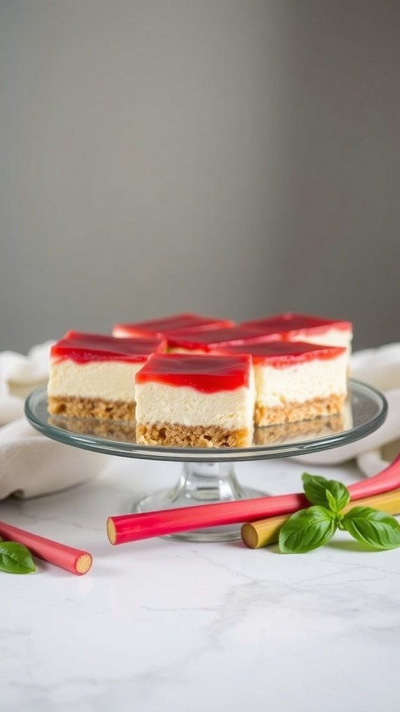 Classic rhubarb cheesecake bars on a glass plate with fresh rhubarb stalks beside them.