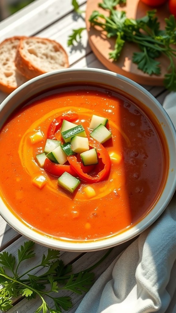 Chilled tomato soup garnished with diced cucumbers and red peppers, served with bread and fresh herbs.