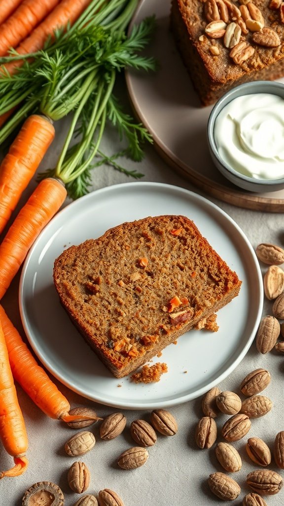 A slice of healthy whole wheat carrot cake on a plate, surrounded by fresh carrots and nuts.