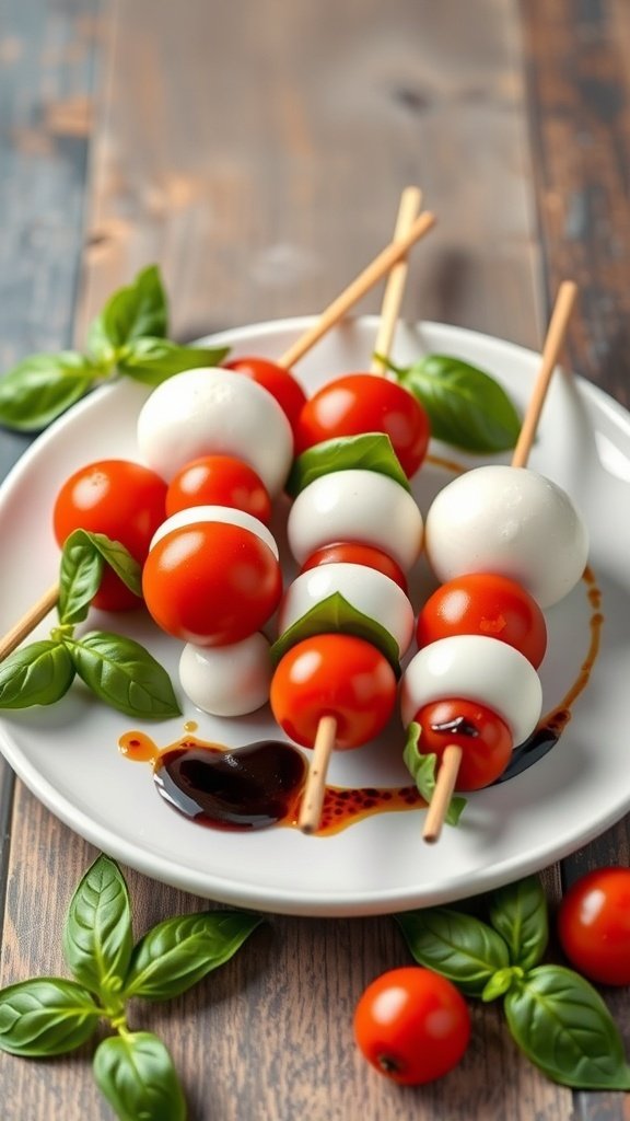 Plate of Caprese skewers with cherry tomatoes, mozzarella balls, and basil leaves drizzled with balsamic glaze.