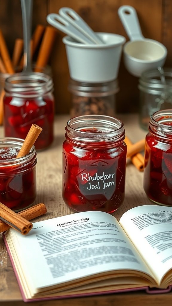Jars of rhubarb jam with cinnamon sticks and a recipe book