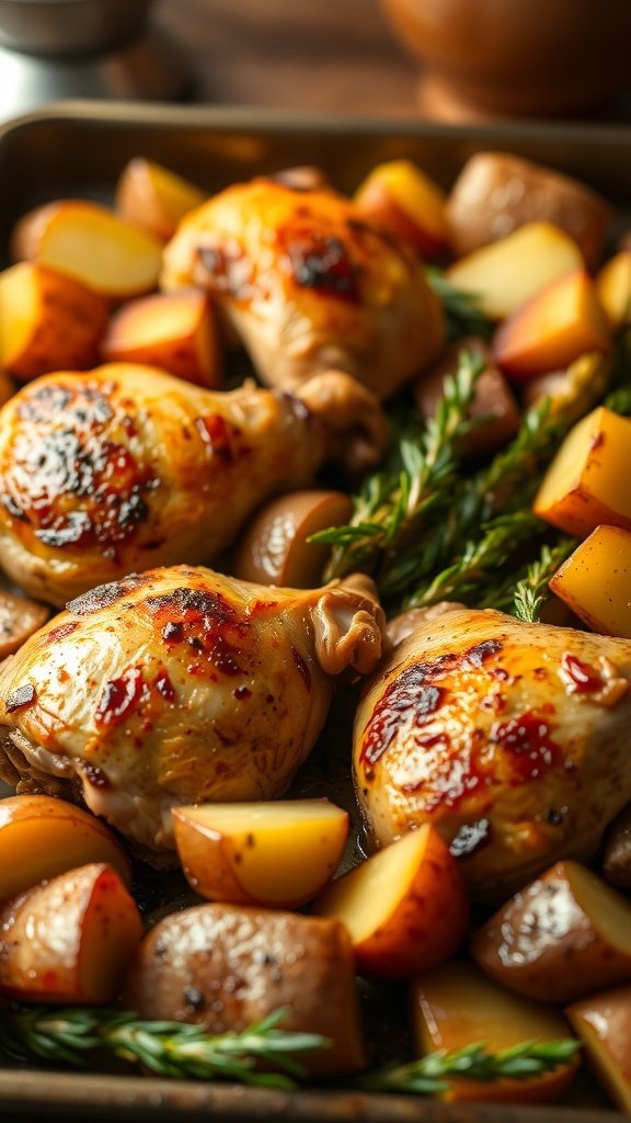 One-pan chicken dinner with roasted chicken thighs and baby potatoes