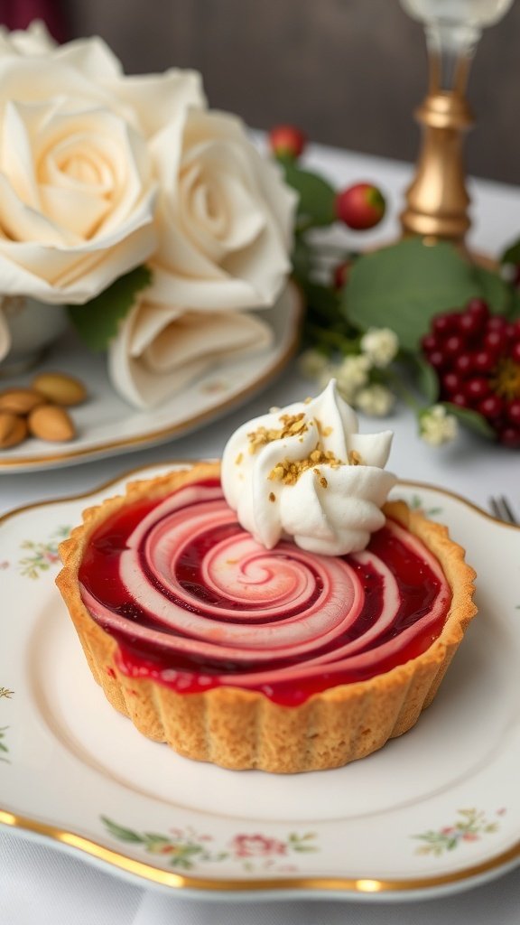 A gourmet rhubarb cream cheese tart with a swirl design, topped with whipped cream, placed on a decorative plate.