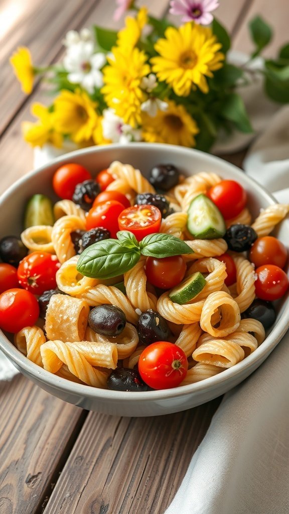 A bowl of colorful pasta salad with cherry tomatoes, olives, and basil.