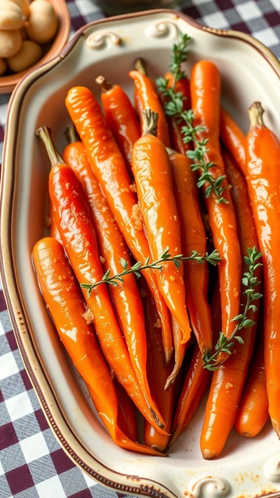 A dish of vibrant orange carrots garnished with thyme, showcasing a classic Southern-style recipe.