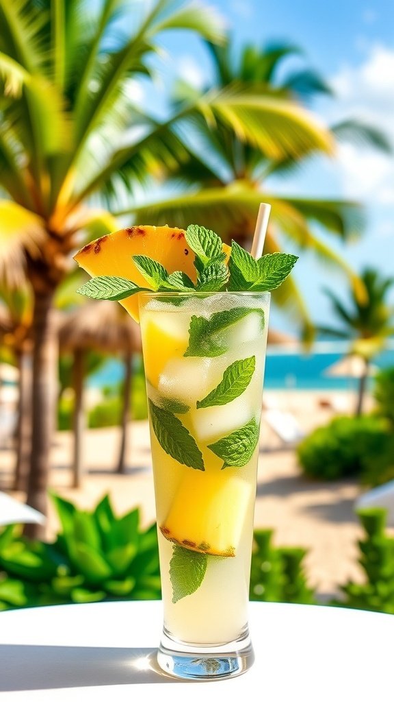A refreshing tropical cocktail with pineapple and mint, set against a beach backdrop.