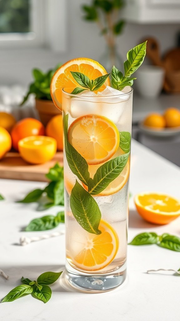 A refreshing Zesty Citrus Basil Spritzer with lemon slices and fresh basil leaves