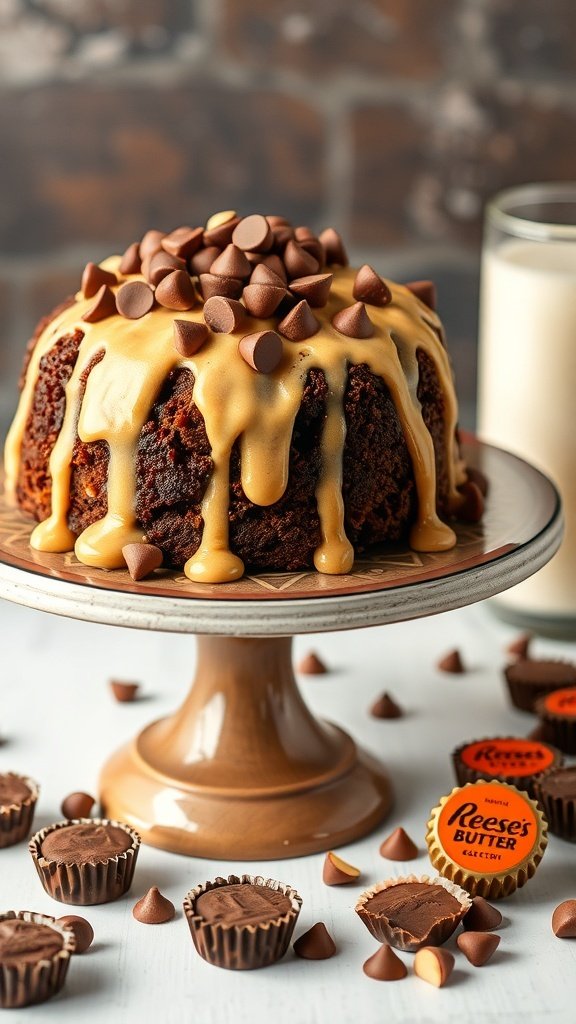 A rich chocolate peanut butter dump cake topped with peanut butter sauce and chocolate chips, surrounded by mini peanut butter cups.