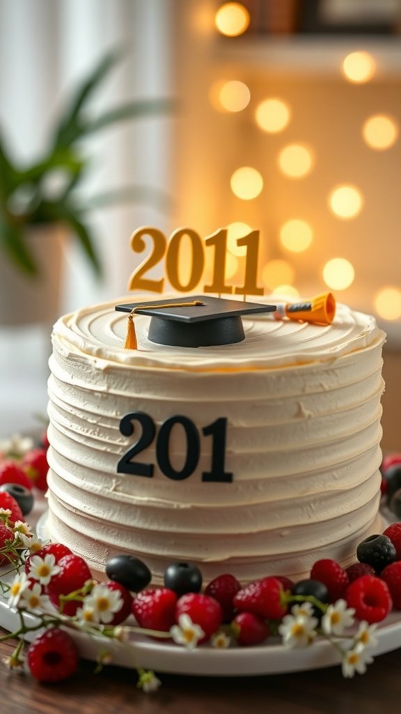 A classic vanilla graduation cake decorated with a graduation cap, diploma, and fresh berries.