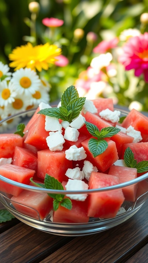 A bowl of watermelon feta salad with mint leaves and flowers in the background.