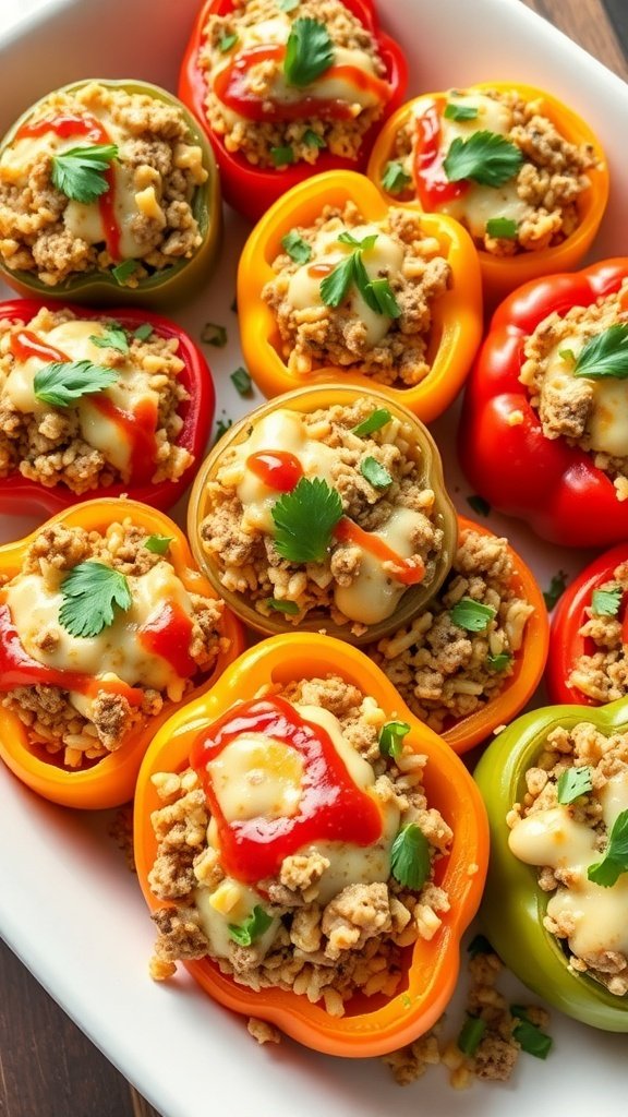 Colorful stuffed peppers filled with ground beef, rice, and cheese, topped with ketchup and fresh herbs.