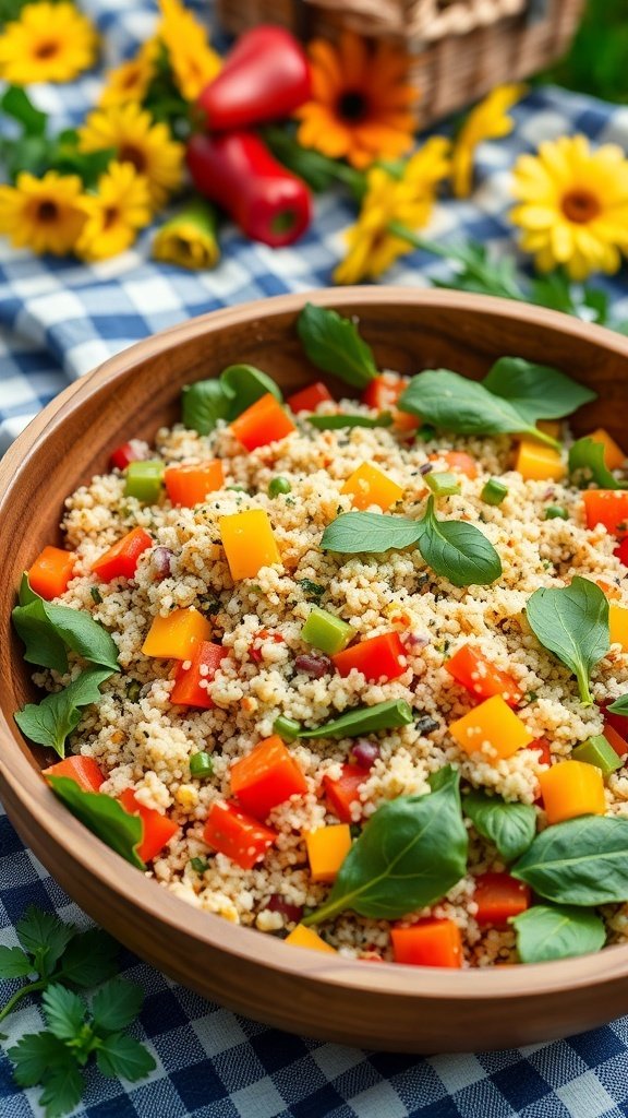 A colorful quinoa salad with bell peppers and greens in a wooden bowl, set on a picnic table with flowers in the background.