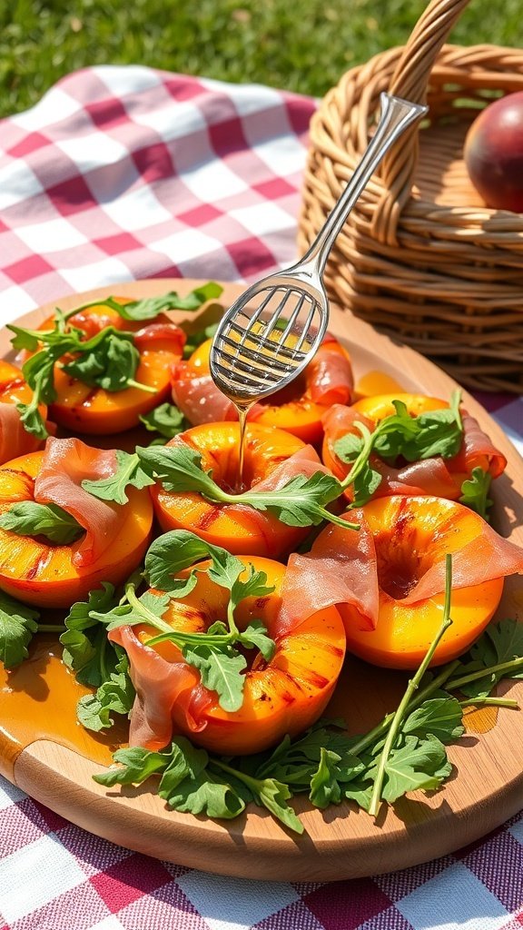 Grilled peach and prosciutto bites on a wooden platter with arugula and honey drizzle.