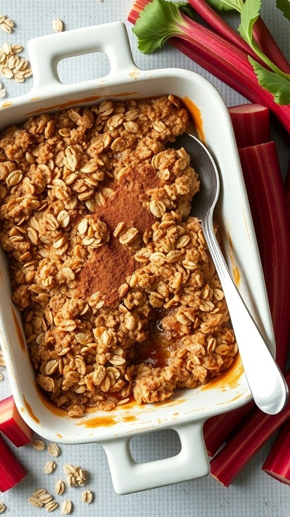 A baked rhubarb oatmeal dish with a golden brown topping, surrounded by fresh rhubarb stalks.