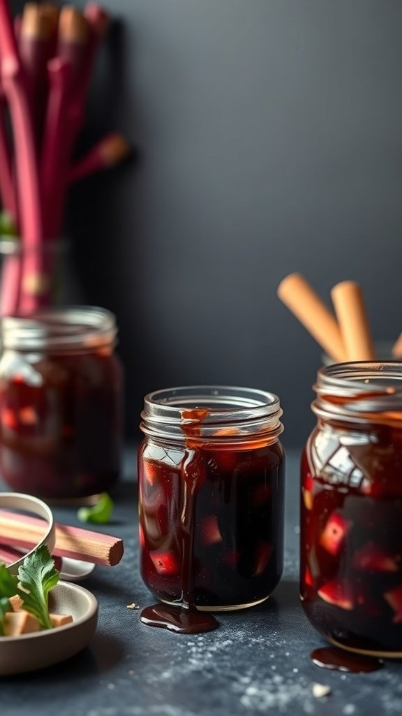 Jars of savory rhubarb jam with balsamic vinegar, surrounded by fresh rhubarb stalks.