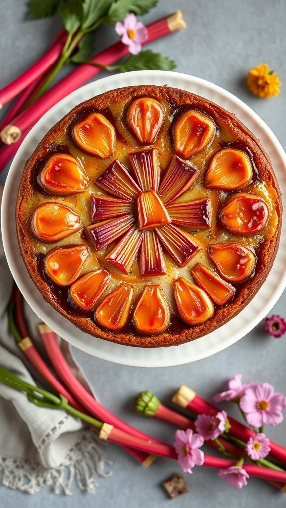 A beautifully arranged rhubarb upside-down cake with vibrant rhubarb pieces on top, surrounded by fresh rhubarb stalks and flowers.