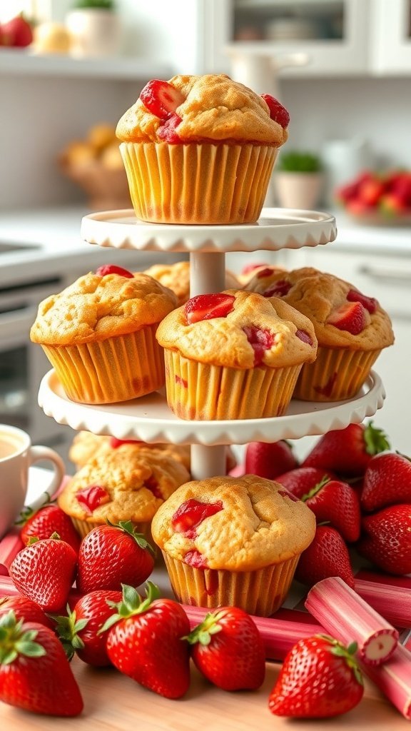 A display of freshly baked strawberry rhubarb muffins on a tiered stand, surrounded by fresh strawberries and rhubarb stalks.